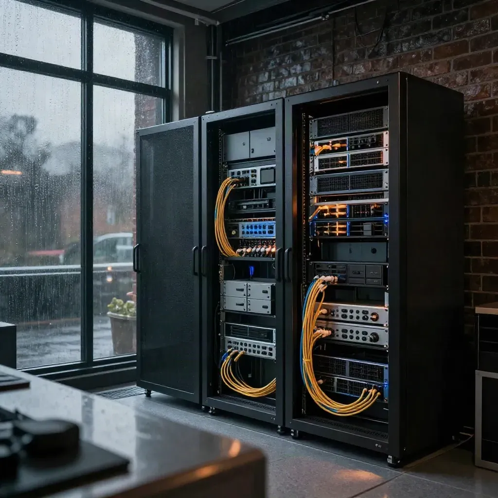 Rain-dark UK server suite with glowing racks, cables, UPS units and warm cabinet light.