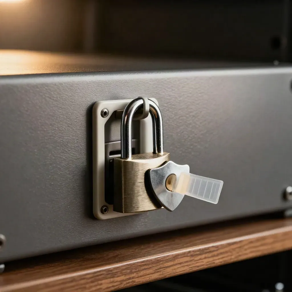 Server cabinet latch with padlock, tamper seal and shield token in dramatic side light