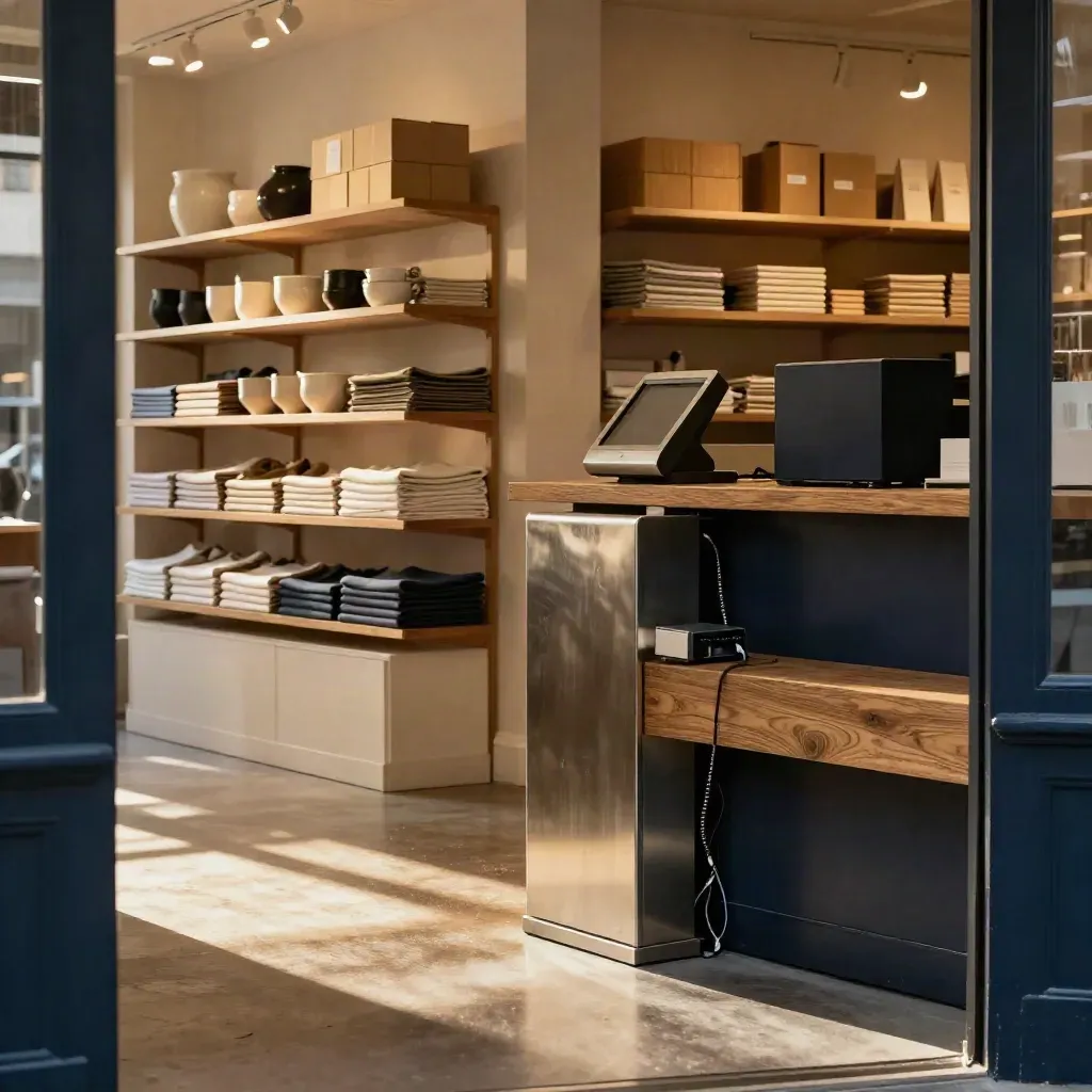 Warm Camden shop interior with shelves, a payment terminal, and hidden network gear.
