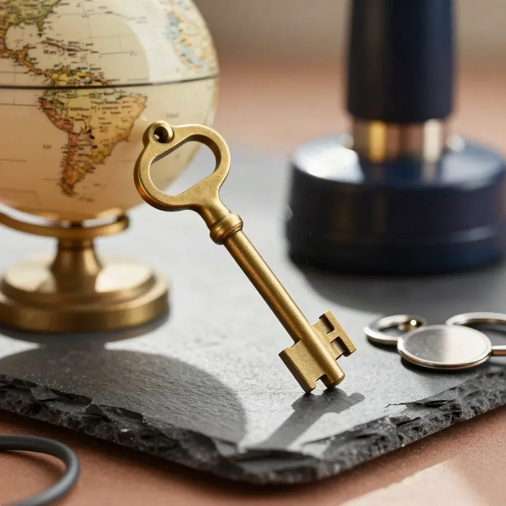Macro still life of a brass key, globe, router, and blank tags on slate