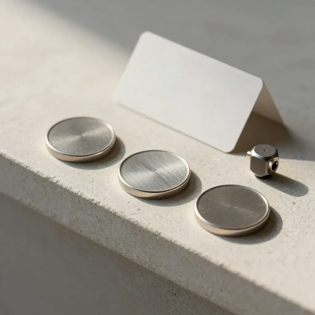 Brushed metal tokens, router knob and fibre connector on pale stone in a premium flatlay