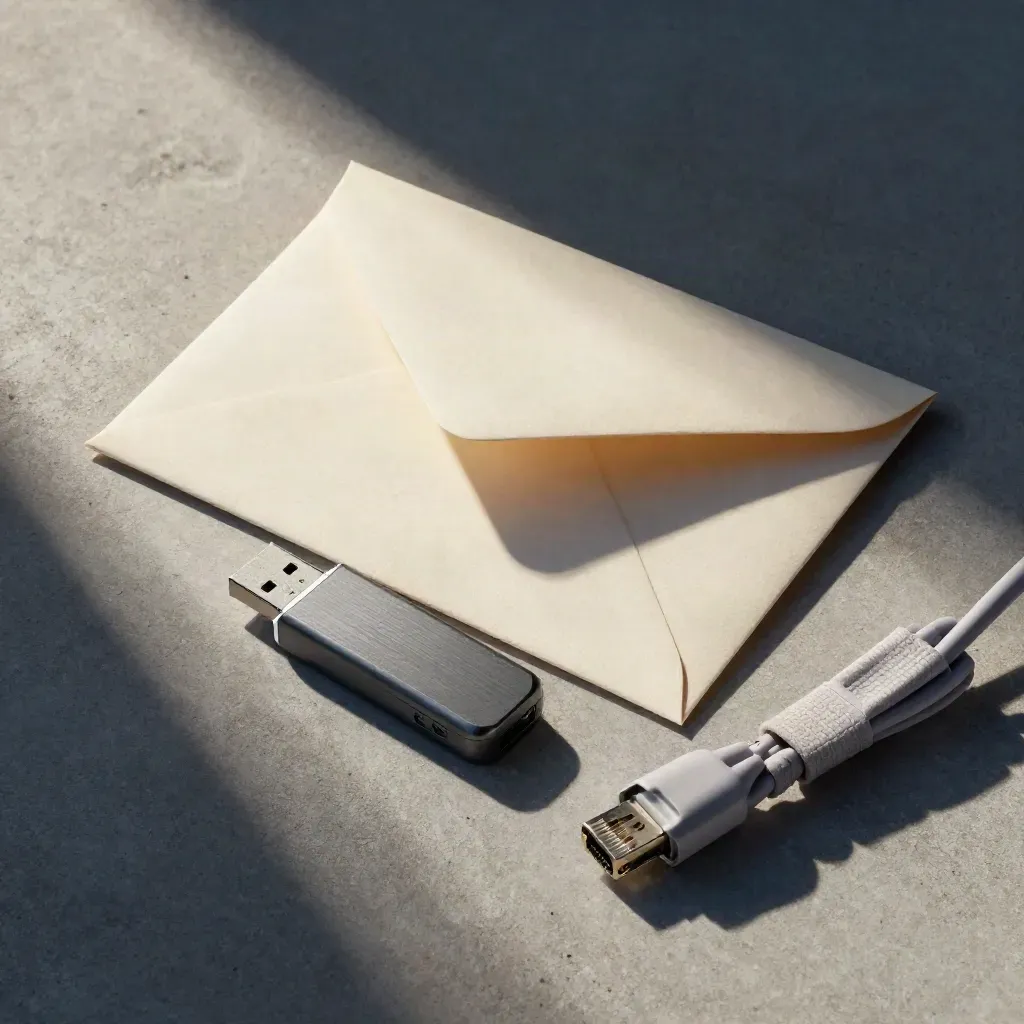 Top-down still life of a utility envelope, USB stick, and ethernet lead on concrete