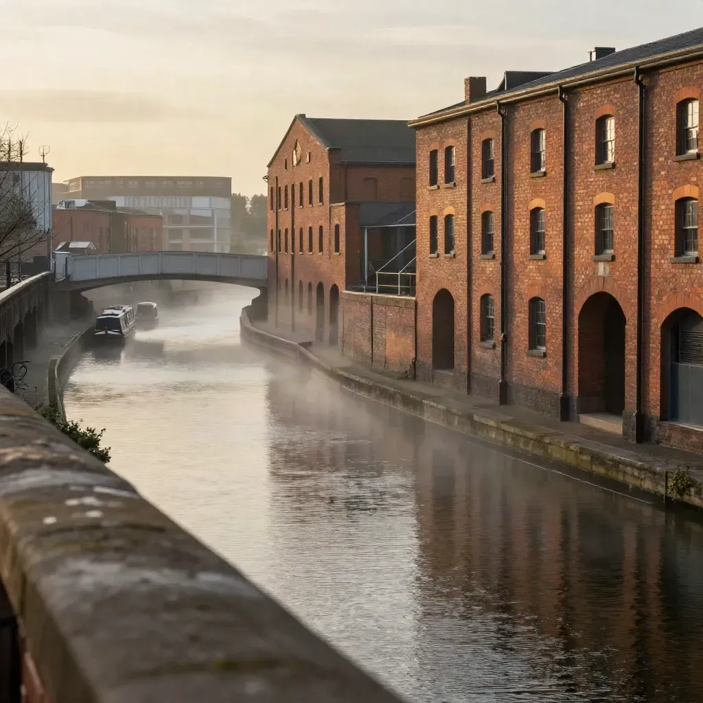 Birmingham canal bend and brick warehouses under amber sky with misty water below.